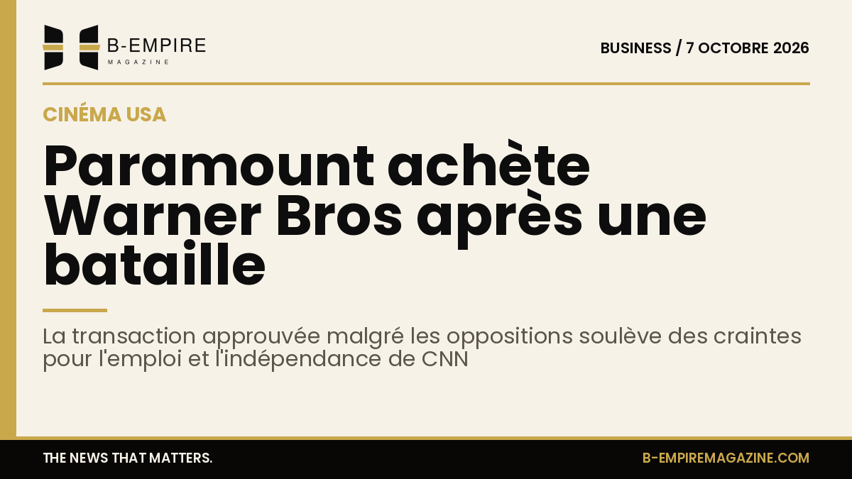 Logo Paramount sur fond papier avec une bande or en haut, texte en encre annonçant l'acquisition de Warner Bros
