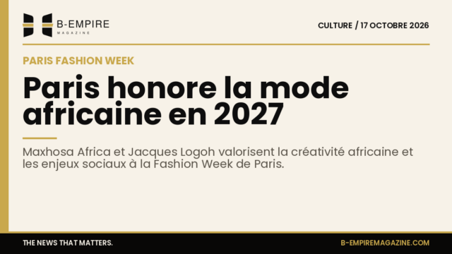 Affiche stylisée avec motifs africains et silhouettes de mode sur fond papier et bande dorée