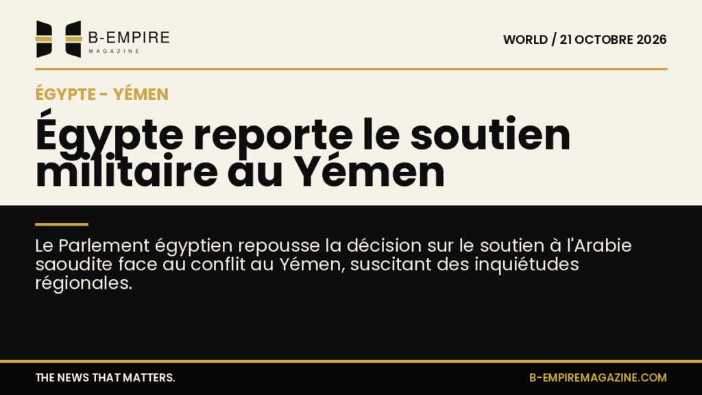 Visuel split avec moitié fond papier et moitié fond noir, titre à cheval évoquant le report du soutien militaire égyptien au Yémen