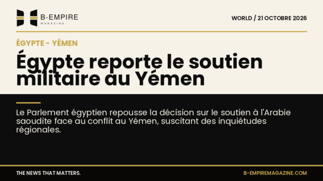 Visuel split avec moitié fond papier et moitié fond noir, titre à cheval évoquant le report du soutien militaire égyptien au Yémen