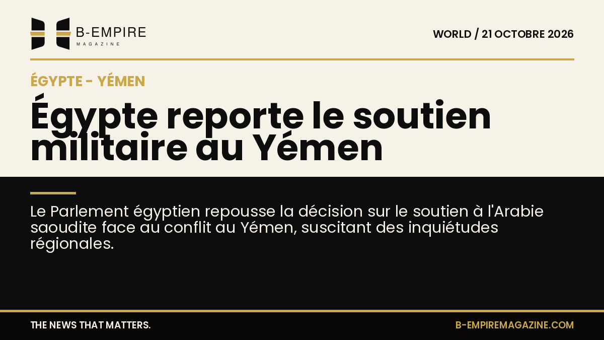 Visuel split avec moitié fond papier et moitié fond noir, titre à cheval évoquant le report du soutien militaire égyptien au Yémen
