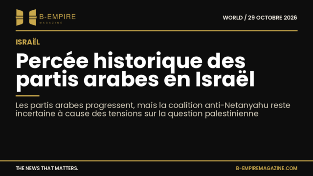 Graphique stylisé représentant la percée des partis arabes dans les élections israéliennes avec des couleurs encre et or