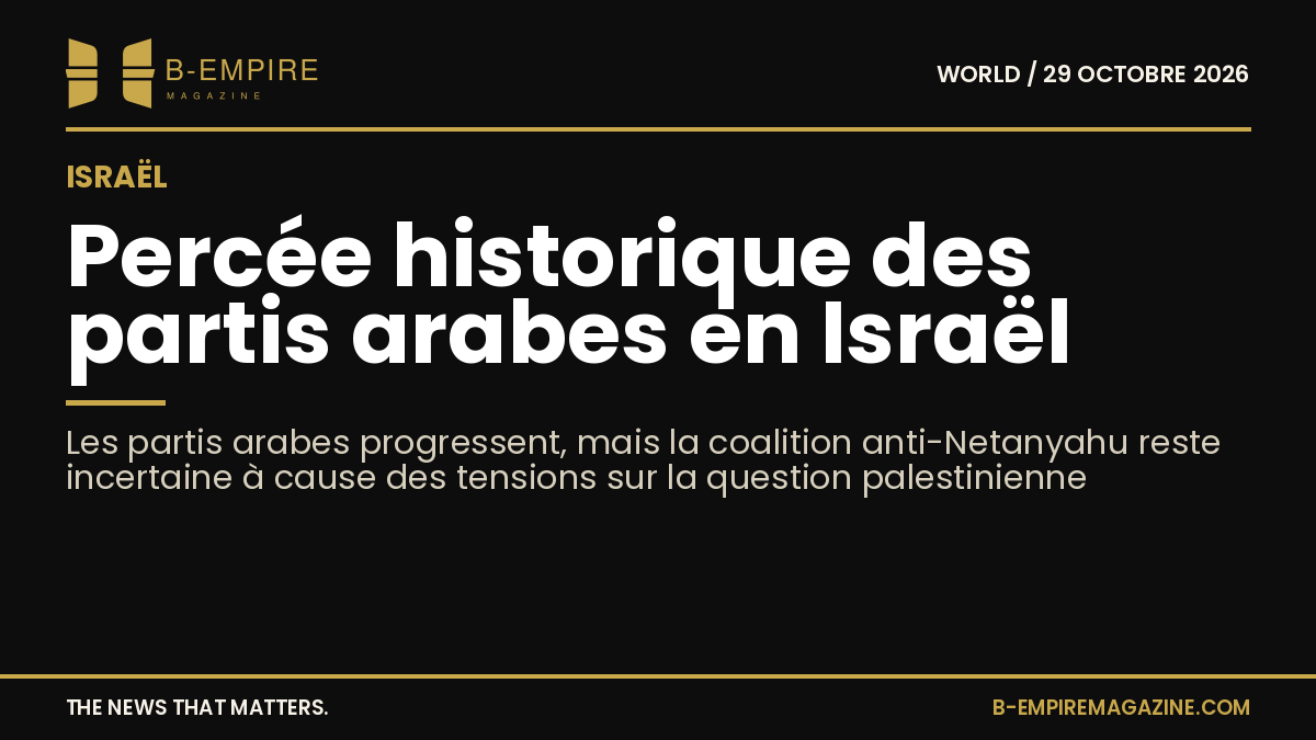 Graphique stylisé représentant la percée des partis arabes dans les élections israéliennes avec des couleurs encre et or