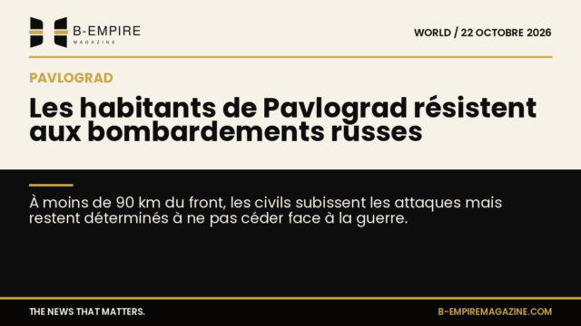 Vue symbolique de la ville de Pavlograd sous un ciel sombre illustrant la résistance des habitants face aux bombardements