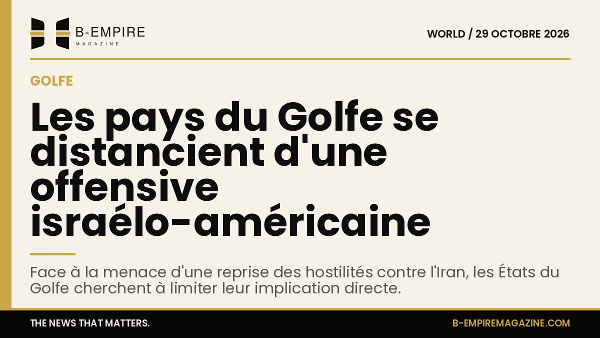 Carte stylisée du Moyen-Orient avec mise en avant des pays du Golfe et symboles d'alerte géopolitique.