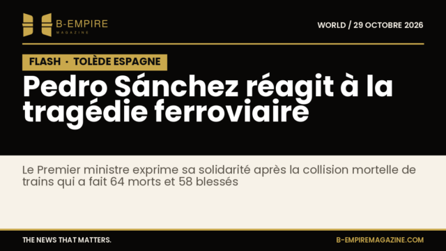 Photo sombre avec le mot FLASH en blanc sur fond noir, texte annonce la déclaration de Pedro Sánchez après la collision à Tolède