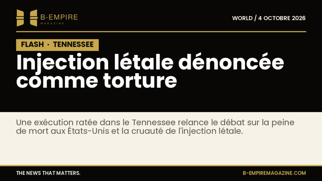 Texte sur fond noir avec le mot FLASH en blanc et or, titre sur l'injection létale dénoncée comme torture aux États-Unis
