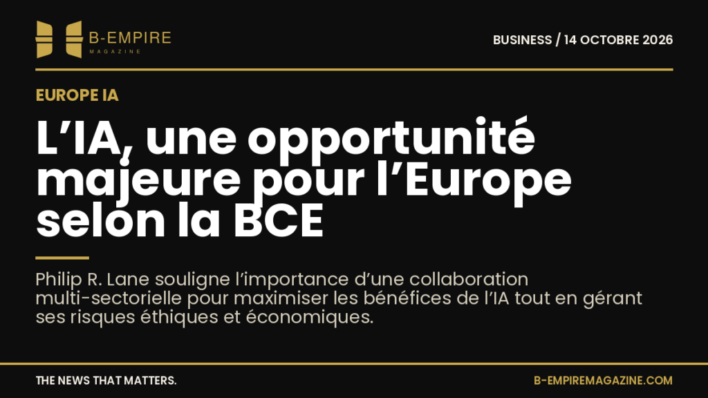 Portrait de Philip R. Lane lors de l'International AI Summit, avec un fond sombre et texte en or et blanc affichant un titre sur l’IA en Europe.