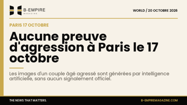 Visuel avec bande or et titre en encre indiquant l'absence de preuve d'agression à Paris le 17 octobre, fond papier clair.