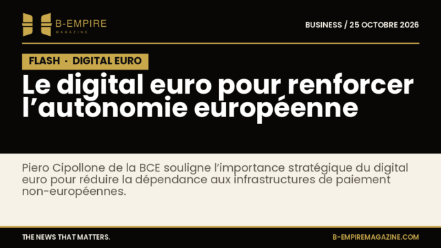 Visuel noir avec bloc FLASH en or et texte blanc annonçant le digital euro comme levier d'autonomie pour les paiements en Europe selon Piero Cipollone