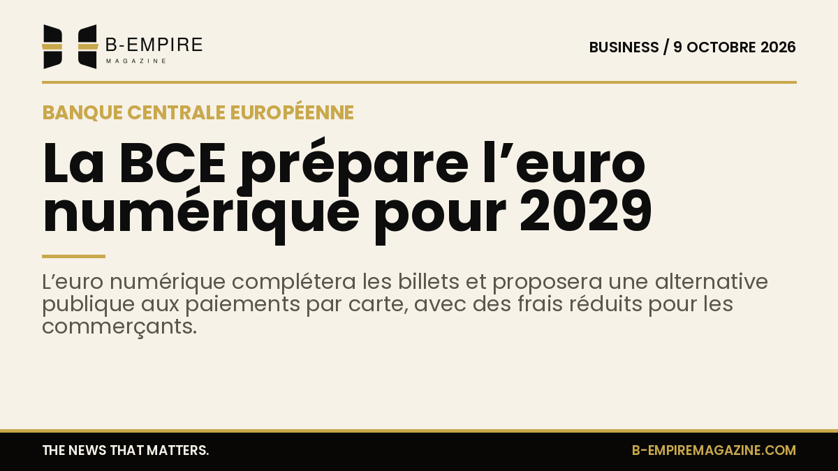 Illustration stylisée d’une pièce d’euro numérique dorée sur fond papier avec titre en encre noire.