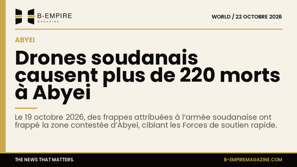 Carte stylisée en encre et or montrant la région d'Abyei entre le Soudan et le Soudan du Sud avec un drone doré en surimpression