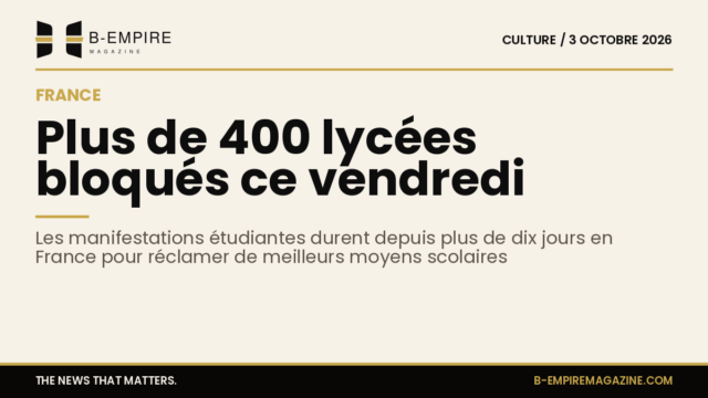 Image stylisée mettant en avant le chiffre 400+ avec un fond papier et typographie encre pour illustrer la mobilisation de lycées en France