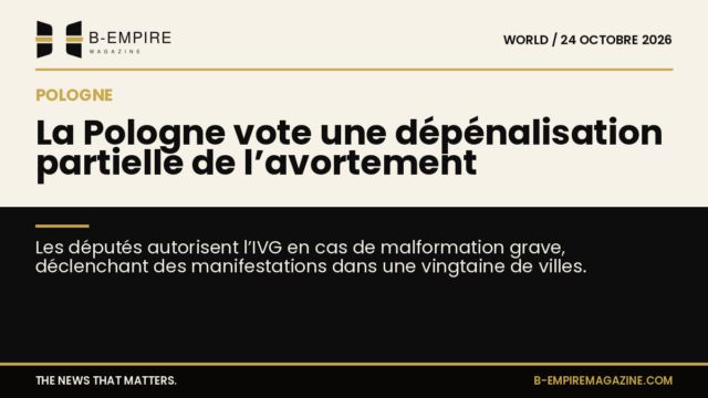 Visuel divisé en deux zones : à gauche fond papier avec titre encre, à droite fond noir avec sous-titre en or, évoquant la dépénalisation partielle de l’avortement en Pologne et les manifestations.