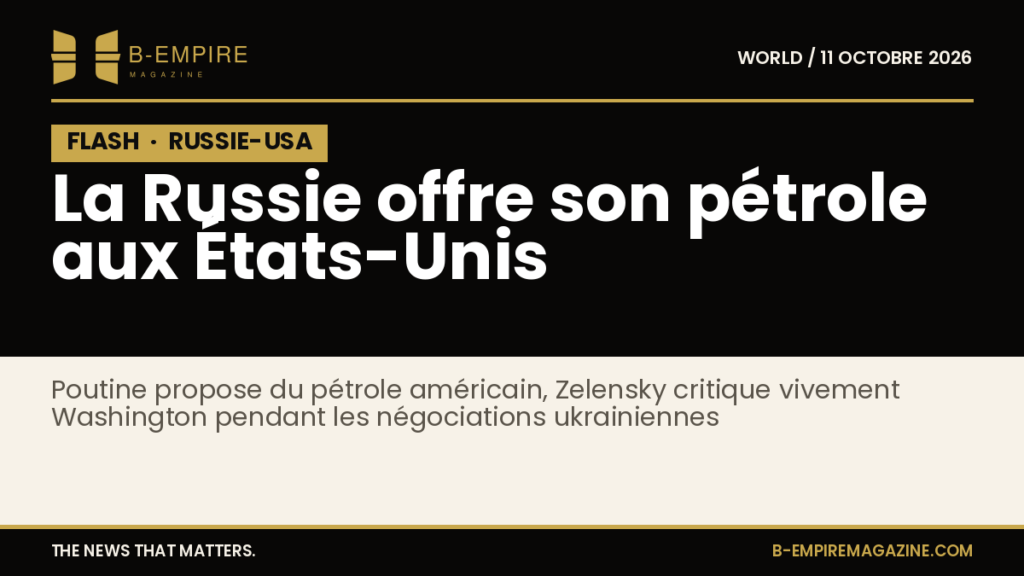 Titre en blanc sur fond noir avec un bloc noir marqué FLASH et bande or en haut, évoquant une information urgente sur la Russie et les États-Unis