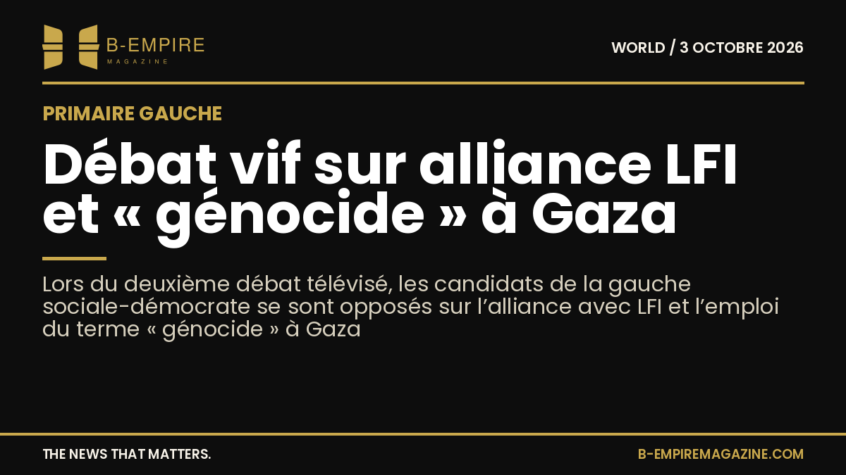 Cinq candidats de la gauche débattent vivement lors d’un plateau télévisé, fond noir avec texte blanc et or