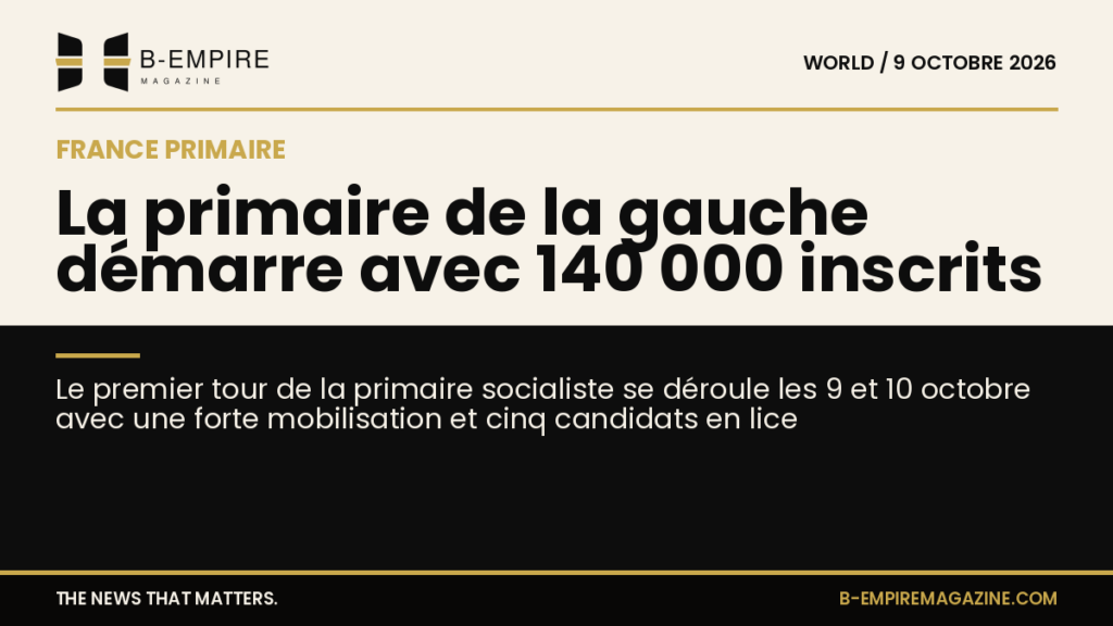 Visuel split avec moitié papier et moitié noir, texte sur la primaire de la gauche en France avec chiffres d’inscriptions
