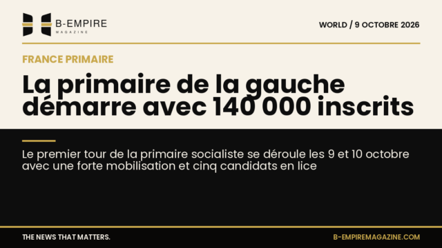 Visuel split avec moitié papier et moitié noir, texte sur la primaire de la gauche en France avec chiffres d’inscriptions