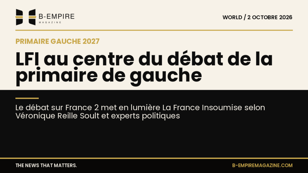 Visuel partagé entre un fond papier et un fond noir avec le titre sur La France Insoumise au centre du débat de la primaire de gauche 2027
