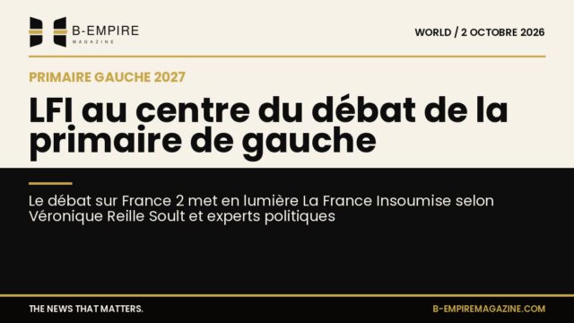 Visuel partagé entre un fond papier et un fond noir avec le titre sur La France Insoumise au centre du débat de la primaire de gauche 2027