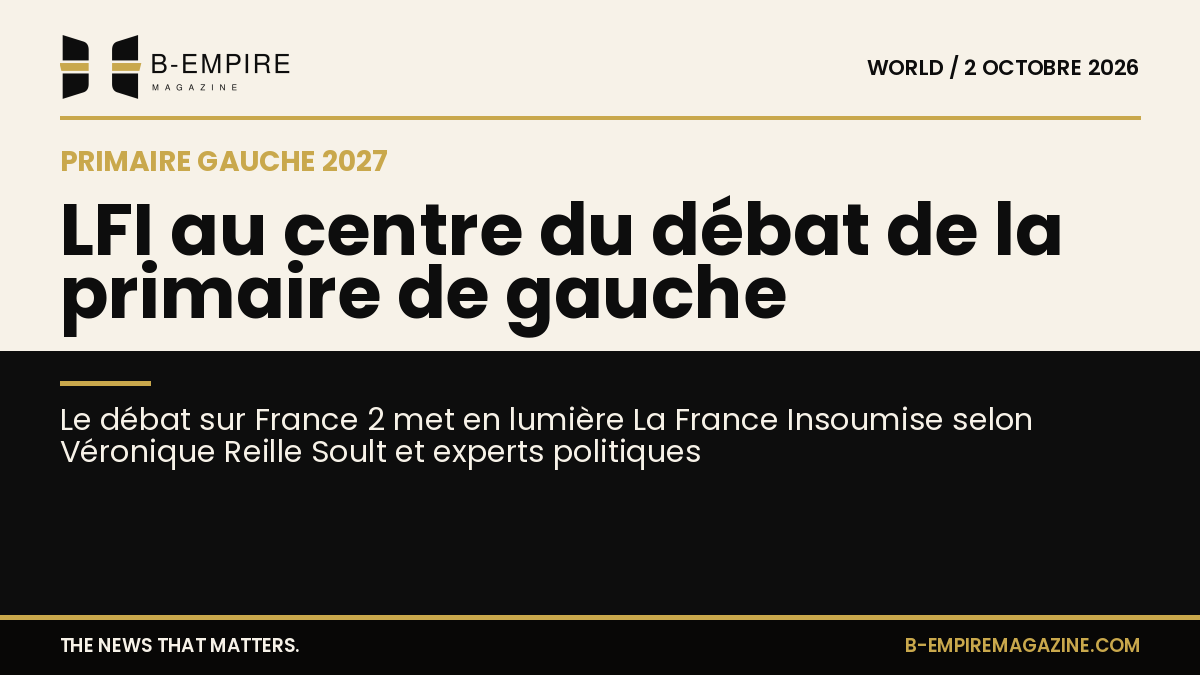 Visuel partagé entre un fond papier et un fond noir avec le titre sur La France Insoumise au centre du débat de la primaire de gauche 2027