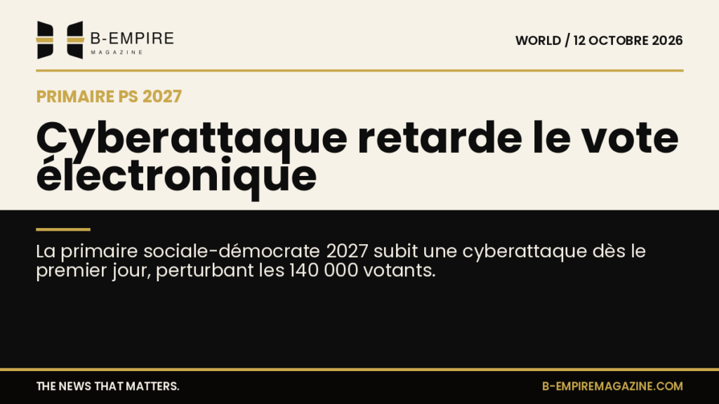 Visuel split avec moitié fond papier et moitié fond noir, titre à cheval sur les deux zones évoquant une cyberattaque perturbant un vote électronique.