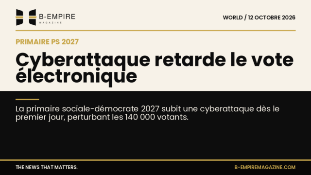 Visuel split avec moitié fond papier et moitié fond noir, titre à cheval sur les deux zones évoquant une cyberattaque perturbant un vote électronique.