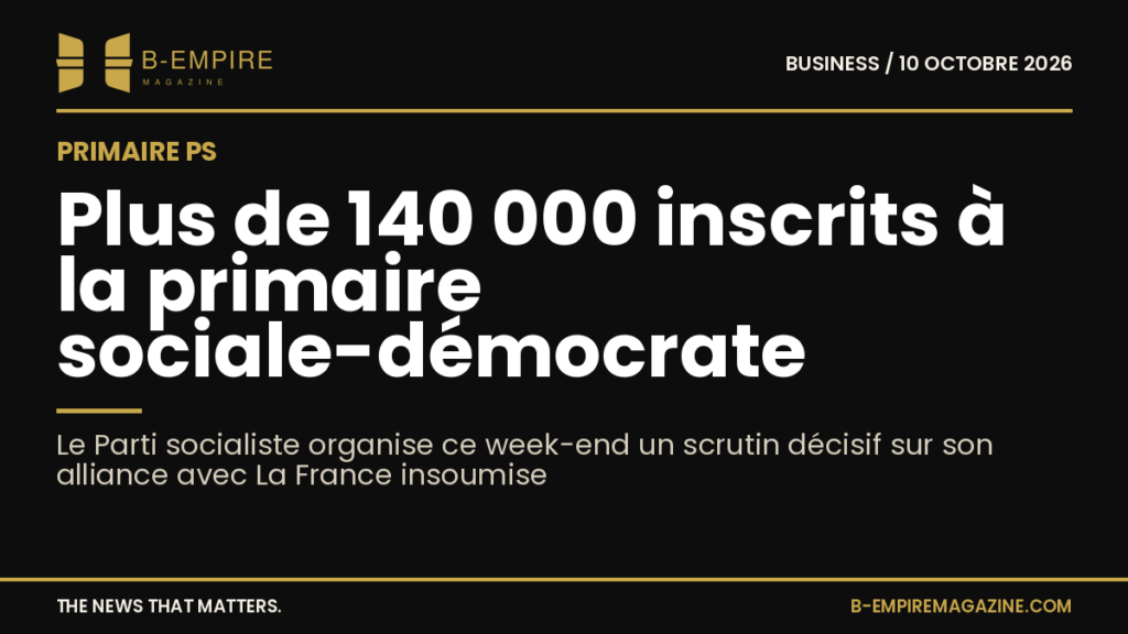 Visuel sombre avec titre en blanc et or indiquant plus de 140 000 inscrits à la primaire sociale-démocrate du PS