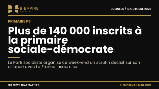 Visuel sombre avec titre en blanc et or indiquant plus de 140 000 inscrits à la primaire sociale-démocrate du PS