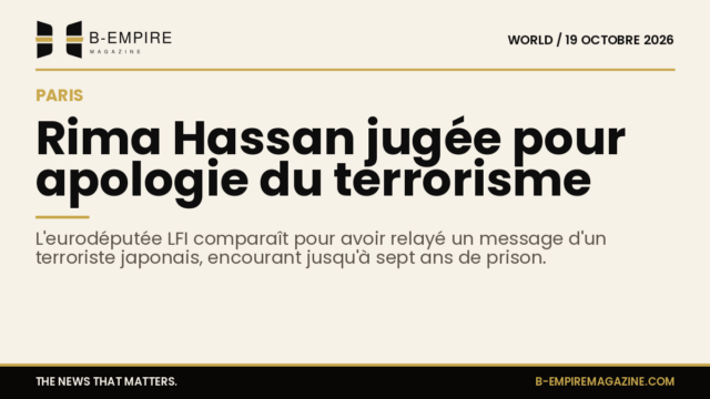 Portrait de Rima Hassan avec un fond simple, texte en surimpression indiquant procès pour apologie du terrorisme à Paris