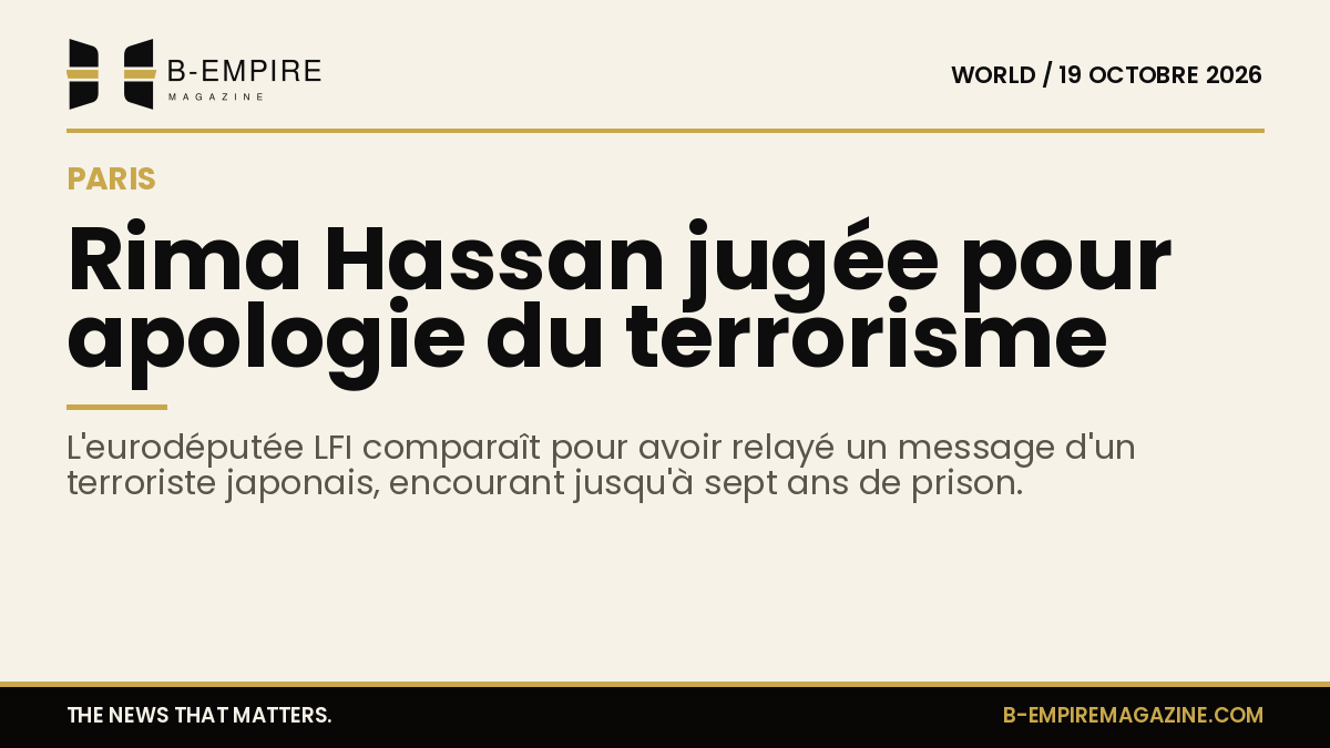 Portrait de Rima Hassan avec un fond simple, texte en surimpression indiquant procès pour apologie du terrorisme à Paris