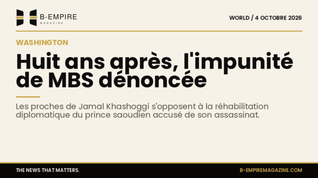 Portrait de Jamal Khashoggi avec un fond sobre et titre sur papier évoquant l'impunité de MBS huit ans après son assassinat.