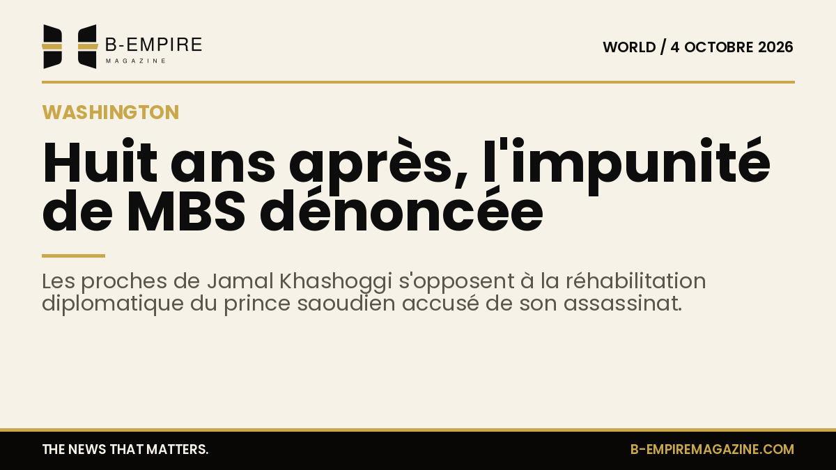 Portrait de Jamal Khashoggi avec un fond sobre et titre sur papier évoquant l'impunité de MBS huit ans après son assassinat.