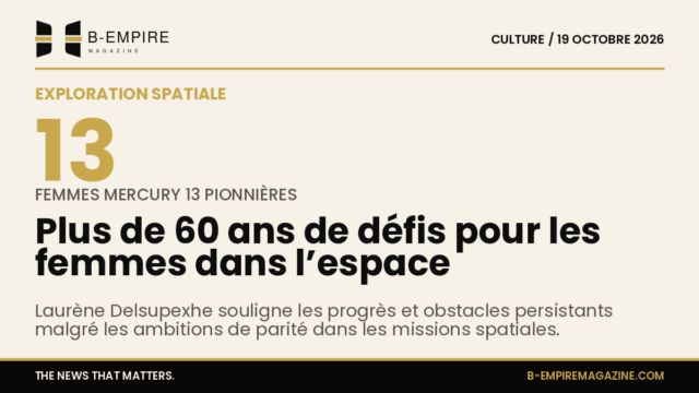 Portrait de Laurène Delsupexhe avec un fond évoquant l’espace et des illustrations d’astronautes féminines.