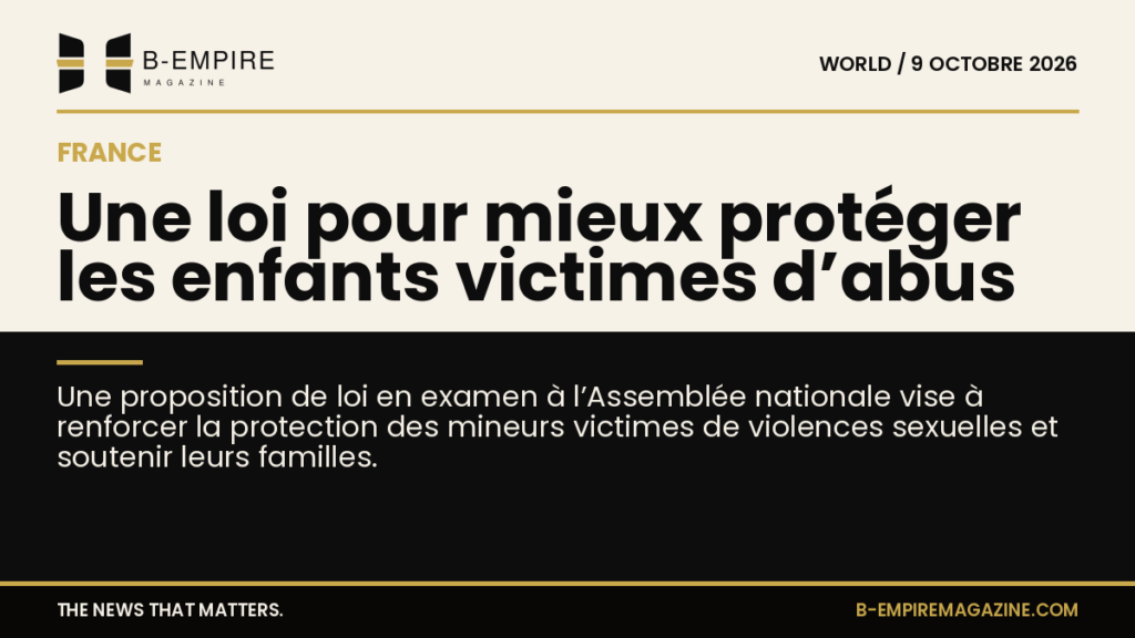 Visuel en split : moitié papier clair avec texte noir, moitié noir avec titre en blanc et or évoquant une loi pour la protection des enfants victimes d'abus en France.