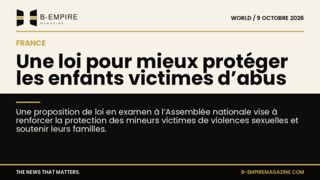 Visuel en split : moitié papier clair avec texte noir, moitié noir avec titre en blanc et or évoquant une loi pour la protection des enfants victimes d'abus en France.