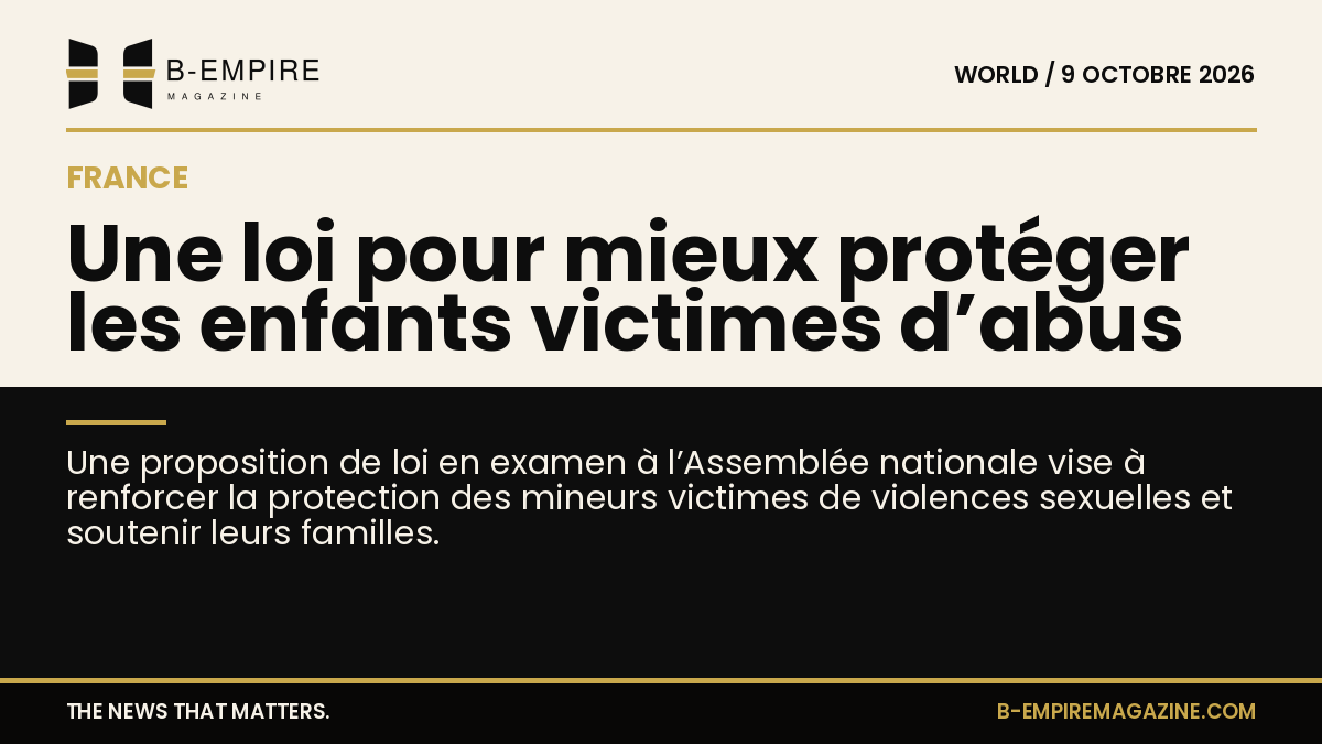 Visuel en split : moitié papier clair avec texte noir, moitié noir avec titre en blanc et or évoquant une loi pour la protection des enfants victimes d'abus en France.