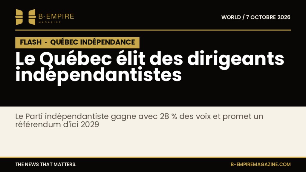 Bloc noir avec le mot FLASH en blanc et or, texte blanc annonçant l'élection de dirigeants indépendantistes au Québec