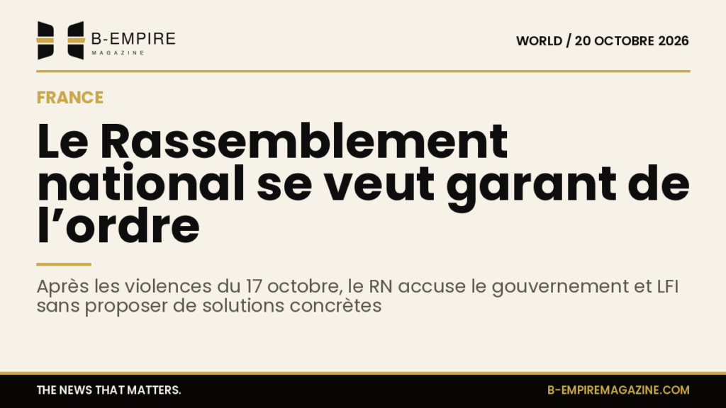 Image stylisée du logo du Rassemblement national avec texte sur fond papier encre et or évoquant l’ordre et la politique en France