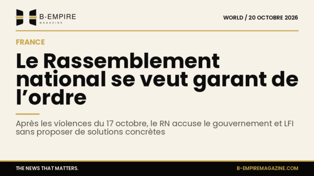 Image stylisée du logo du Rassemblement national avec texte sur fond papier encre et or évoquant l’ordre et la politique en France