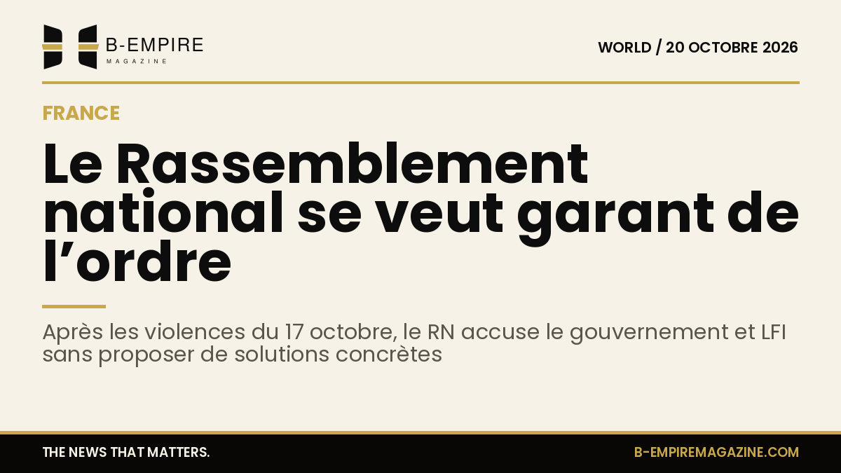 Image stylisée du logo du Rassemblement national avec texte sur fond papier encre et or évoquant l’ordre et la politique en France