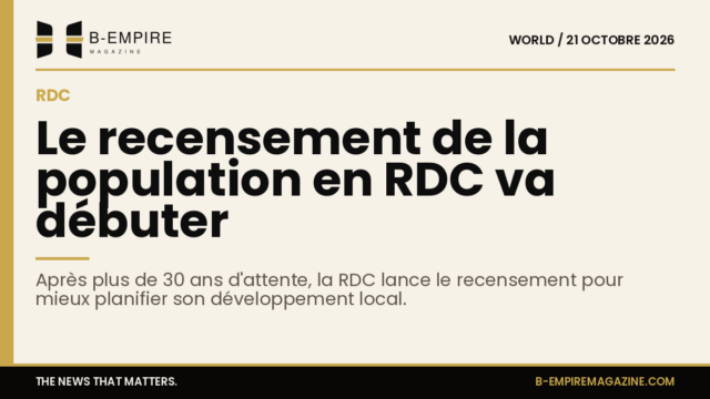 Visuel avec une bande or en haut et un titre en encre annonçant le début du recensement de la population en RDC après 30 ans.