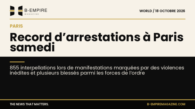 Image symbolique de manifestations à Paris avec des forces de l’ordre en action et foule en arrière-plan