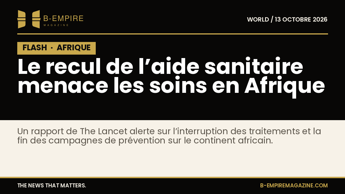 Visuel avec un fond noir et un bloc noir marqué FLASH en blanc, texte en or et blanc sur la menace du recul de l’aide sanitaire en Afrique.