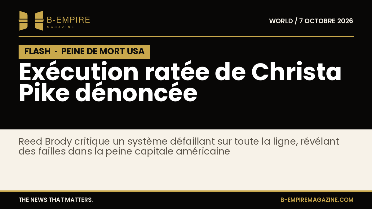 Texte blanc sur fond noir avec bloc FLASH en haut à gauche, titre et sous-titre dorés évoquant l'exécution ratée de Christa Pike et la critique de Reed Brody.