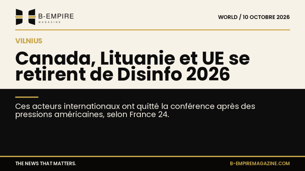 Deux zones contrastées papier et noir avec le titre sur la conférence Disinfo 2026 à Vilnius
