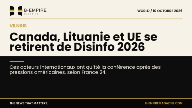 Deux zones contrastées papier et noir avec le titre sur la conférence Disinfo 2026 à Vilnius