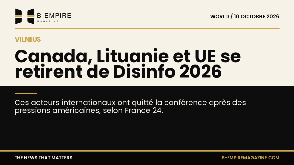 Deux zones contrastées papier et noir avec le titre sur la conférence Disinfo 2026 à Vilnius