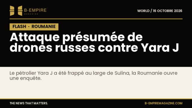 Visuel avec bloc noir marqué FLASH en lettres or sur fond papier, titre en or et blanc annonçant une attaque présumée de drones russes contre le pétrolier Yara J en Roumanie.