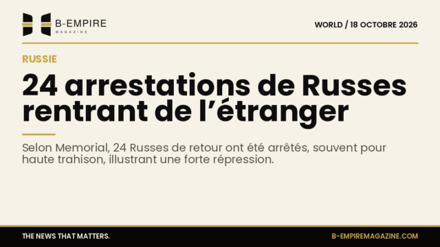 Titre sur fond papier avec texte en encre et or signalant 24 arrestations de Russes rentrant de l’étranger selon Memorial.
